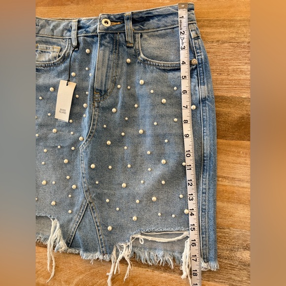 River Island Blue Denim Mini Skirt with Pearl Embellishments, Size 6 NWT - Picture 14 of 14
